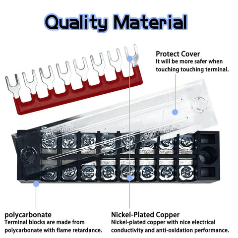 Heavy Duty Dual Row Bus Bar Terminal Block Kit With Pre Insulated Covers showing polycarbonate and nickel-plated copper materials.
