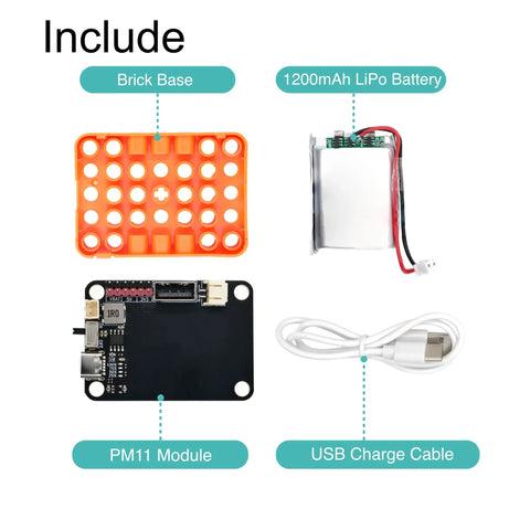 Ultra Handy Portable LiPo Battery Module Featuring Usb C Rechargeable 1200 Mah Cell And Reliable 3.3 V To 5 V Usb Outputs For Zero Sweat Plug And Play Arduino Esp32 Raspberry Pi Projects components including brick base, 1200mAh battery, PM11 module, and USB charge cable.