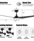Diagram of 52 Inch Smart Ceiling Fan With Light In Dark Walnut, 3 Blade Low Profile Ceiling Fan, 10 Speed DC Motor, controls and dimensions