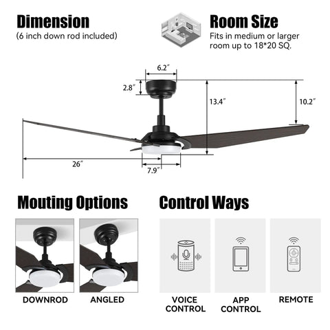 Diagram of 52 Inch Smart Ceiling Fan With Light In Dark Walnut, 3 Blade Low Profile Ceiling Fan, 10 Speed DC Motor, controls and dimensions