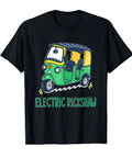 Fresh Fit Vintage Electric Rickshaw Cartoon Graphic Tee playful graphic on black shirt in casual short sleeve style.
