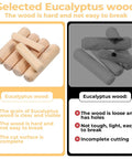 Comparison of selected eucalyptus wood dowels highlighting clear grain, durability, and complete cutting versus lower quality dowels.