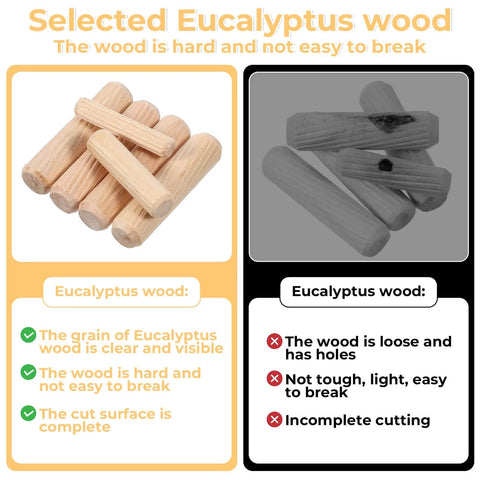 Comparison of selected eucalyptus wood dowels highlighting clear grain, durability, and complete cutting versus lower quality dowels.