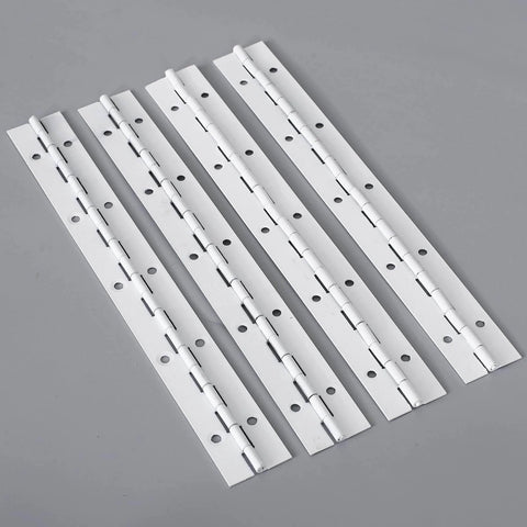 Four white stainless steel 10-inch heavy-duty piano hinges continuous style with 1.2-inch open width, ideal for cabinets and tool storage.