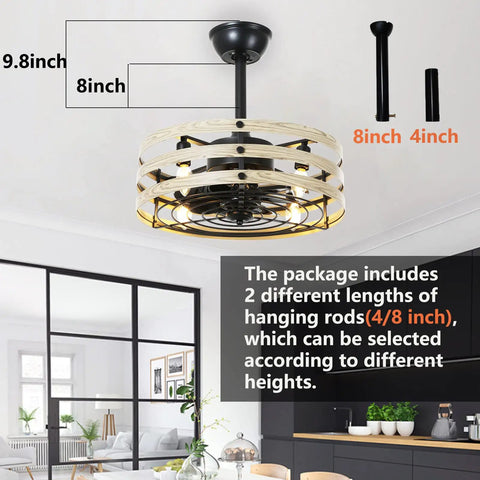 Cool Farmhouse 18 Inch Ceiling Fan With Lights Remote Control Flush Mount White Caged Design and hanging rod lengths