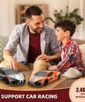 Father and son playing with One Twenty Four Scale Four Wheel Drive RC Drift Car With Two Point Four GHz Remote Control