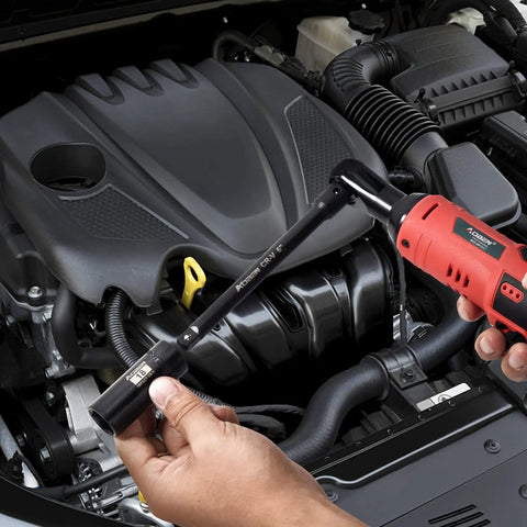 Using Beefed-Up Three Eighth Inch Drive Impact Socket Set With Forty Nine Pieces on a car engine