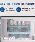 Ice maker compartment of Water Cooler Dispenser With Built In Ice Maker And Bullet Ice Hot And Cold Water Quick Ice In Minutes Up To 33 Lbs Per Day Top Loading With Child Lock Durable Stainless Finish For Home And Office Use, showing ice production details.