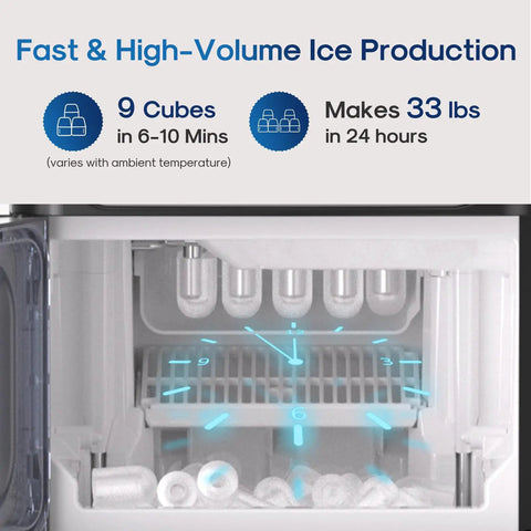 Ice maker compartment of Water Cooler Dispenser With Built In Ice Maker And Bullet Ice Hot And Cold Water Quick Ice In Minutes Up To 33 Lbs Per Day Top Loading With Child Lock Durable Stainless Finish For Home And Office Use, showing ice production details.