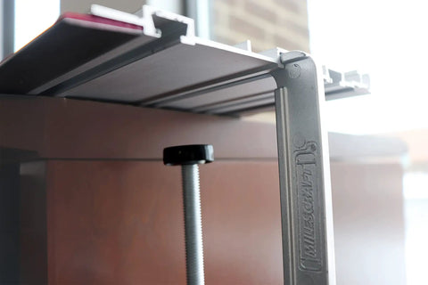 Close-up of clamp securing 55 Inch Rail Extensions For Track Saw Guide Increase Range To Over 8 Feet With All Aluminum Construction
