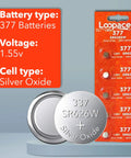 Professional Silver Oxide Watch Batteries 377 376 SR626W SR626SW 1.55V Coin Cell Pack Of Five with packaging and two batteries displayed.