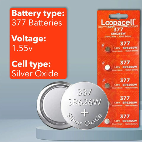 Professional Silver Oxide Watch Batteries 377 376 SR626W SR626SW 1.55V Coin Cell Pack Of Five with packaging and two batteries displayed.