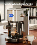 20 Bar Espresso Machine Semi Automatic Home Barista Coffee Maker with Milk Frother Steam Wand and 45 Ounce Removable Water Tank in brushed stainless steel finish on a kitchen counter.