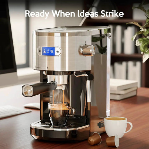 20 Bar Espresso Machine Semi Automatic Home Barista Coffee Maker with Milk Frother Steam Wand and 45 Ounce Removable Water Tank in brushed stainless steel finish on a kitchen counter.
