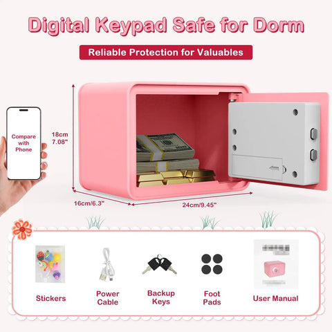 Kids Mini Safe Cash Box Pink Macaron With Coin And Bill Slot Keypad And Key Lock USB Backup Cute DIY Stickers