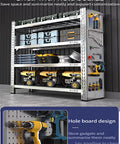 Heavy Duty Garage Shelving With Pegboard Backing Adjustable Multi Tier Storage Rack featuring tools, gear, and organized storage.
