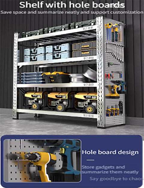 Heavy Duty Garage Shelving With Pegboard Backing Adjustable Multi Tier Storage Rack featuring tools, gear, and organized storage.