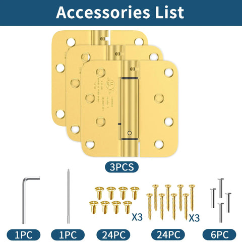 Real Deal Brushed Gold Self Closing Door Hinges Built Tough Spring Loaded Quiet Swing 4 Inch Hardware set of three with screws and tools.