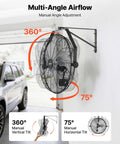 Heavy Duty 18 Inch Wall Mount Fan With IP44 Protection, 360-degree and 75-degree adjustable oscillation, in garage setting