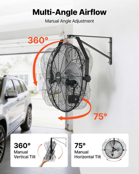 Heavy Duty 18 Inch Wall Mount Fan With IP44 Protection, 360-degree and 75-degree adjustable oscillation, in garage setting
