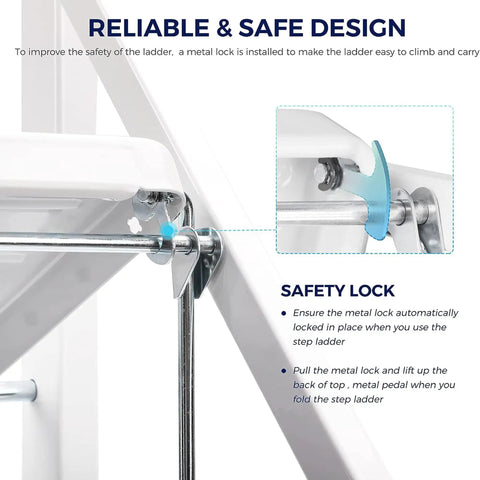 Two Step Folding Ladder With Handgrip And Wide Anti Slip Pedals showing metal safety lock mechanism for safe use.