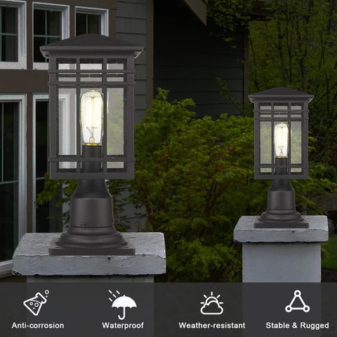 Outdoor Post Light Fixture With Seeded Glass In Black Finish Exterior Pillar Lantern For Patio Pathway And Driveway Lighting