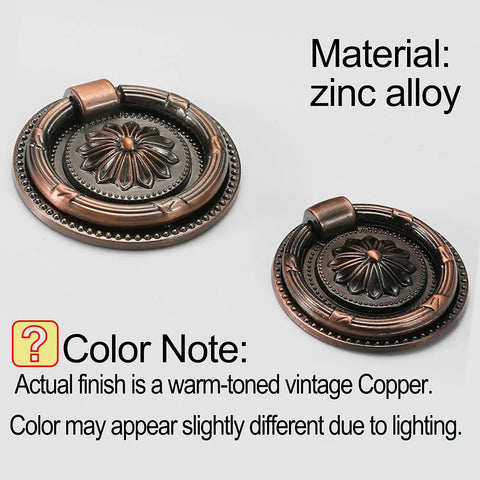 6 Pcs Killer Copper Drop Ring Cabinet Handles Vintage Sunflower Brass Drawer Pulls Oil Rubbed Bronze Finish, zinc alloy material, detailed floral design.