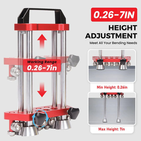 Two Station Metal Bender That Nails 0 To 100 Degree Bends Portable Seven Inch Sheet Metal Roller showing height adjustment range