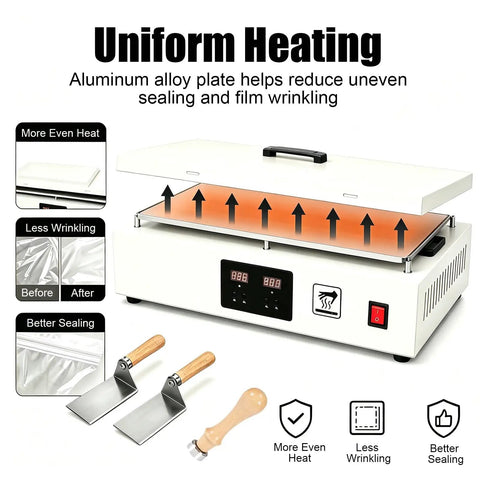 Desktop Cellophane Wrapping Machine With Large HeatingPlate For Tea Box Packaging Manual Heat Sealer showcases aluminum heating plate.