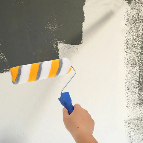 No Sweat Chemical Fiber Paint Roller For Smooth Ceiling Jobs And Easy Interior Decorating With Pro Level Lines And Zero Fuss Application For Quick Diy Makeovers And Touch Ups, painting a wall with gray paint.