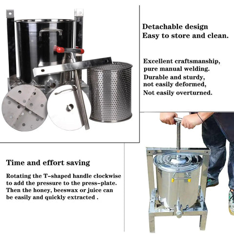 Heavy Duty Manual Honey Press Built With Thick 304 Stainless Steel For Serious Durability, includes detachable parts for easy cleaning.