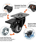 Built Tough 2 Inch Caster Wheels Set Of 4 Locking Swivel Casters With Brake Double Ball Bearing showing dual locking and top plate features.