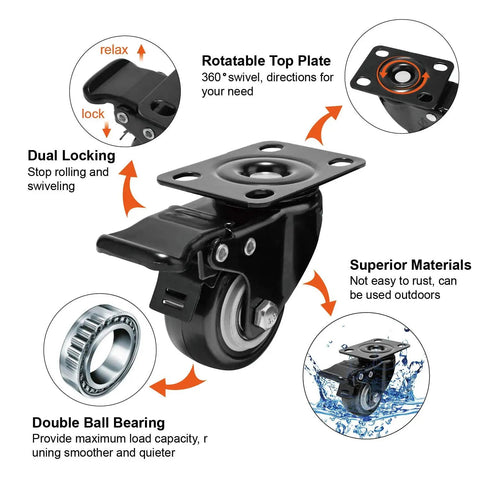 Built Tough 2 Inch Caster Wheels Set Of 4 Locking Swivel Casters With Brake Double Ball Bearing showing dual locking and top plate features.