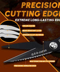 Two Color Kitchen Shears Set With Silver And Black Blades For Food Prep Japanese Steel Kitchen Scissors For Quick Cuts Built Tough Cooking Shears Made For Home Chefs And Everyday Kitchen Tasks, black serrated blade close-up