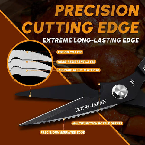 Two Color Kitchen Shears Set With Silver And Black Blades For Food Prep Japanese Steel Kitchen Scissors For Quick Cuts Built Tough Cooking Shears Made For Home Chefs And Everyday Kitchen Tasks, black serrated blade close-up