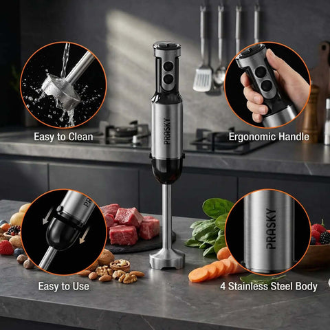 Tough As Nails Handheld Immersion Blender With Twenty Speed Settings And Turbo Boost 1200W Hand Mixer, silver stainless steel body on kitchen counter.