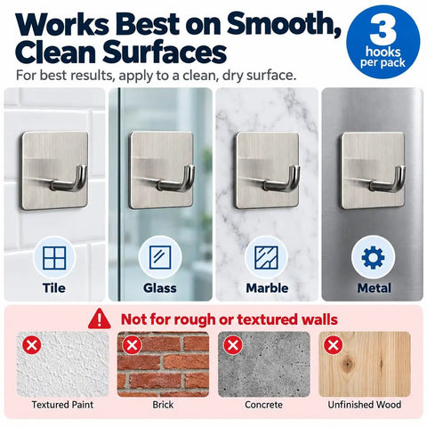 Badass Heavy Duty Adhesive Hooks, 3 Pack Rust Proof Steel Wall Grips on tile, glass, marble, and metal surfaces.