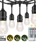 Two Pack 96 Foot Outdoor String Lights With Remotes Dimmable 3 Color LED Warm White Neutral White Daylight 2700K 4000K 5000K Waterproof Shatterproof Edison Bulbs For Patio Backyard Bash Parties, close-up of Edison bulbs and remote controls