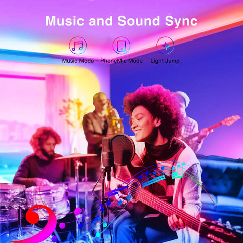 Musicians playing with colorful 100 Ft RGB LED Strip Lights With Remote And App Control For Bedroom TV And Kitchen Decor Bluetooth Music Sync