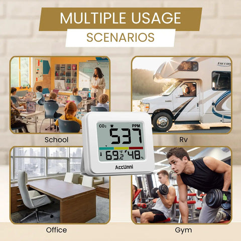 Handy Portable CO2 Monitor And Indoor Air Quality Tracker With Dead On Temperature Humidity Readings displayed in school, office, RV, and gym.
