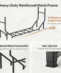 Six Foot Outdoor Firewood Rack Heavy Duty Metal Wood Holder Built For Up To 880 Lbs One Quarter Cord Capacity With Twelve Support Legs For Patio Porch And Indoor Fireplace Weather Resistant Steel Frame For Year Round Use showing reinforced metal frame and support legs.