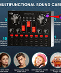 Multifunctional V8K live sound card with volume indicators, control knobs, and sound effects for Two-Mic Podcast Studio Bundle.