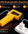 Rechargeable Infrared Thermometer Gun With Non Contact Laser Targeting charging via USB, showcasing battery features.