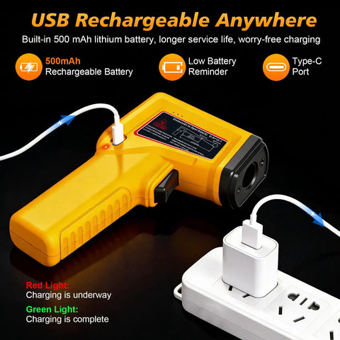 Rechargeable Infrared Thermometer Gun With Non Contact Laser Targeting charging via USB, showcasing battery features.