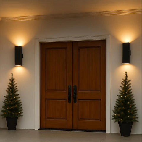 Up And Down Outdoor Wall Light With Dusk To Dawn Sensor Pack Of 2 Matte Black Exterior Sconces illuminating front porch