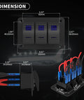 Dimensions of Waterproof 12V Marine Switch Panel With 3 Gang Rocker Switches, Blue LED Illumination, Aluminum Prewired Toggle