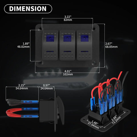 Dimensions of Waterproof 12V Marine Switch Panel With 3 Gang Rocker Switches, Blue LED Illumination, Aluminum Prewired Toggle