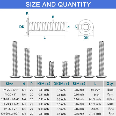 61 Piece 1/4-20 Flat Head Hex Socket Cap Screws Assortment Kit Forged From Premium 304 Stainless Steel Features various lengths and specifications.