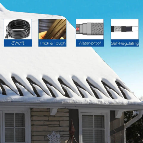 Self Regulating Roof Heat Cable For Gutters And Roof To Prevent Ice Dams, 8 Watts Per Foot, 60 Foot Length installed on snowy roof