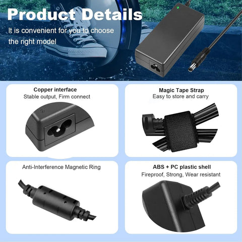 Universal 42V 2A 7-In-1 Charger For 36V Li-Ion Scooters And E-Bikes, copper interface, magnetic ring, ABS plastic shell, magic tape strap